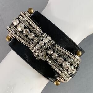 VINTAGE Black Leather Rhinestones Bow Cuff Bracelet